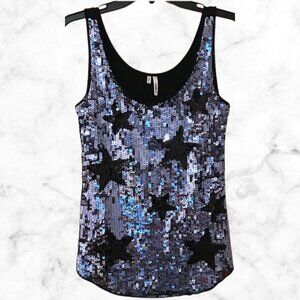 STUDIO Y | Blue Star Sequin Tank Top XL | Black Sparkle Graphic Top